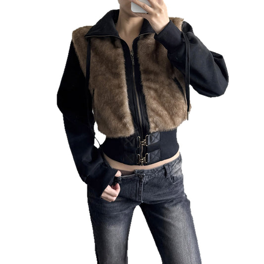 Street Style  Faux Fur Patchwork Vintage Brown Zipper Short Padded Stand Collar Jacket Women's Cargo Hoodie