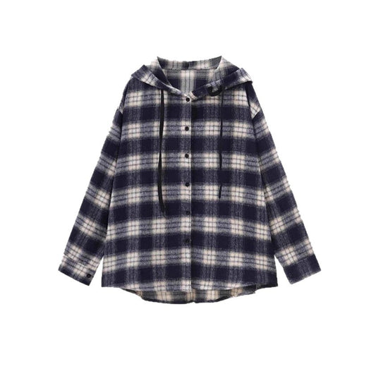 Hooded Plaid Shirt Women Loose Brushed Wool Coat Women Loose Long Sleeve Top Women